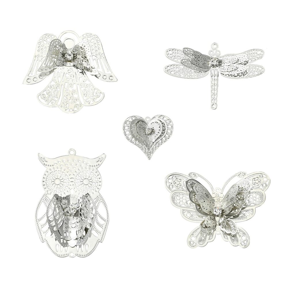 2568 10 Pcs 5 Styles Silver Metal Rhinestone Filigree Links Charms Handmade